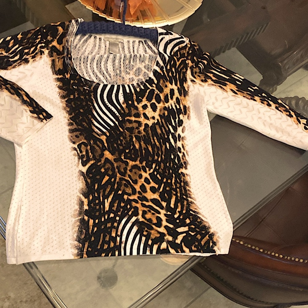 Alberto Makali- Animal Print Black Rhinestone 3/4 Sleeve Shirt Size XL